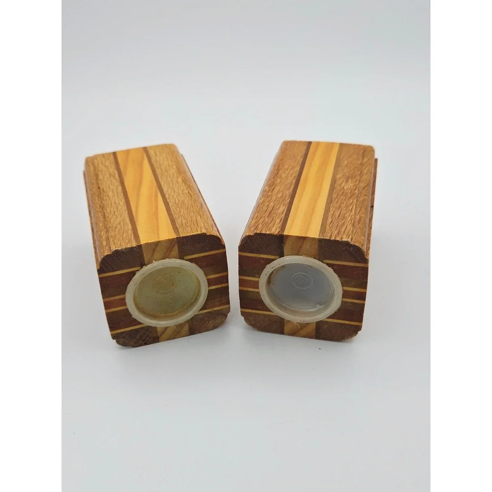 Vintage Inlaid Wood Salt and Pepper Shakers Set Rectangular Geometric Striped